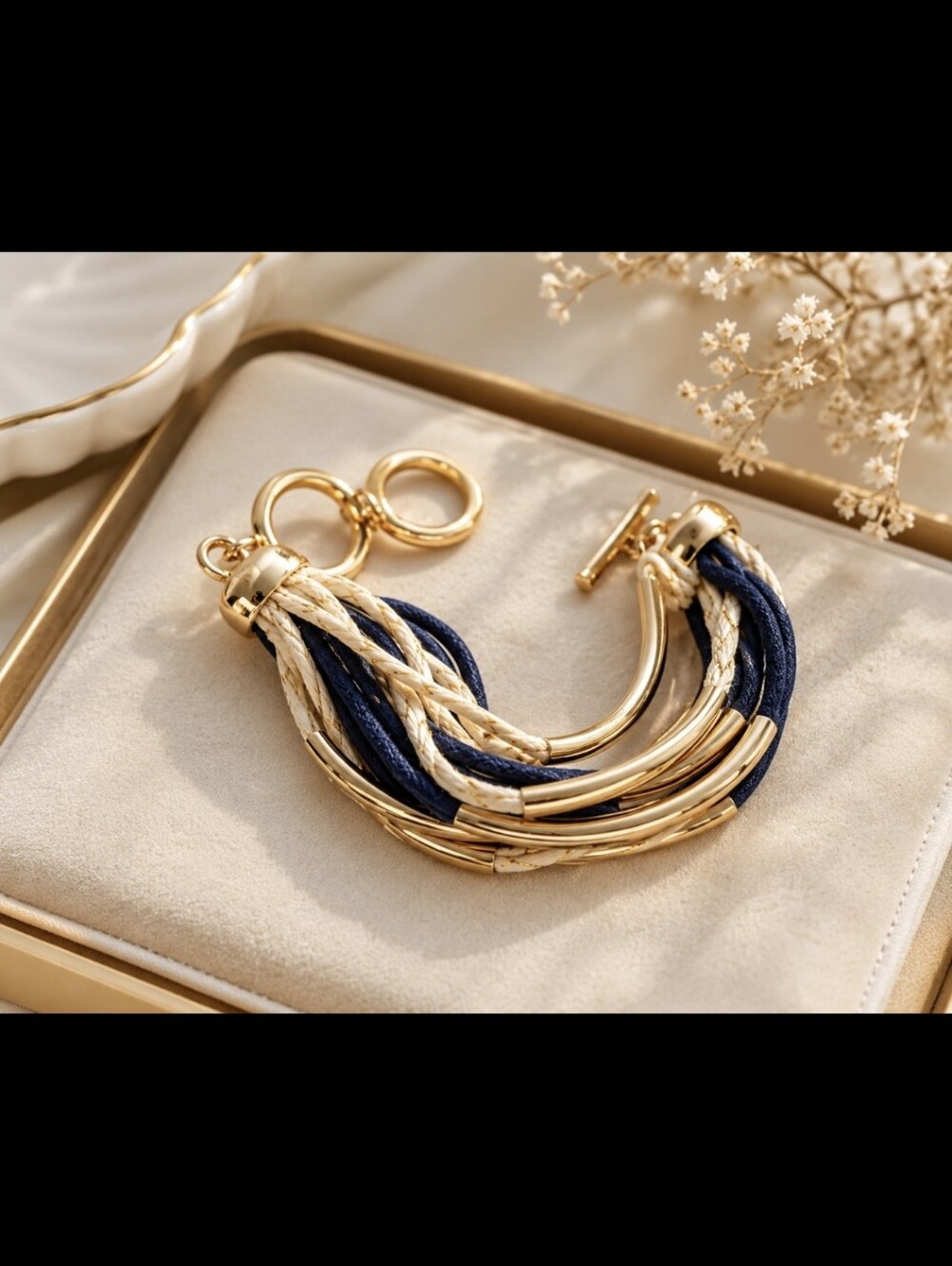 Navy Blue And Cream  And Gold Color Bracelet